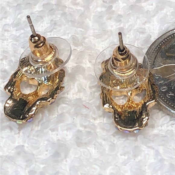 🐈⬛Goth SKULL/rhinestone earrings-gold, pretty/goth/Halloween, day of the dead - Picture 3 of 9